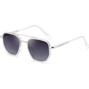 FEISEDY Polarized Aviator Sunglasses for Men Square Retro Metal Frame UV 400 Protection TAC Lens B0329(Sliver/Gradient Grey)