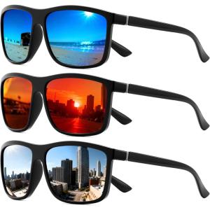 FEISEDY Polarized Sunglasses For Men Square Lightweight Frame Rectangular UV400 Protection B0322(Black/Blue+black/Red+black/Sliver)
