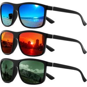 FEISEDY Polarized Sunglasses For Men Square Lightweight Frame Rectangular UV400 Protection B0322(Black/Blue+black/Red+matte Black/Green)
