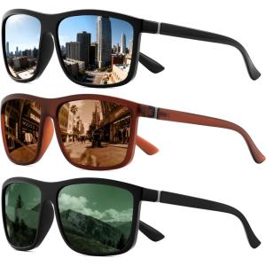 FEISEDY Polarized Sunglasses For Men Square Lightweight Frame Rectangular UV400 Protection B0322(Black/Sliver+matte Brown/Brown+matte Black/Green)