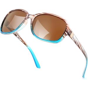 FEISEDY Polarized Sunglasses for Women Classic Vintage Square Wraparound UV400 Protection Shade B0309(Tea-blus Stripe Frame & Tea Lens)