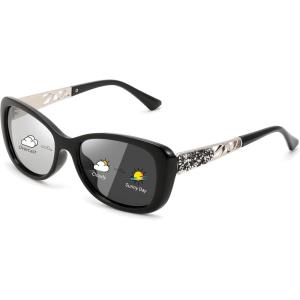 FEISEDY Polarized Women Sunglasses Retro Shades Photochromic Lens Sparkling Crystal Sunglasses UV400 Protection B0144(A-polarized Photochromic Black)
