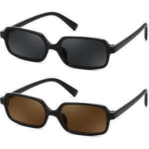FEISEDY Rectangle Sunglasses for Women Men, Women’s 90s Sunglasses Small Narrow Frame Trendy Vintage Style Shades B9167(2pack=black+black/Brown)