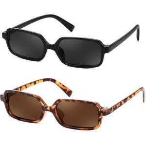 FEISEDY Rectangle Sunglasses for Women Men, Women’s 90s Sunglasses Small Narrow Frame Trendy Vintage Style Shades B9167(2pack=black+leopard/Brown)