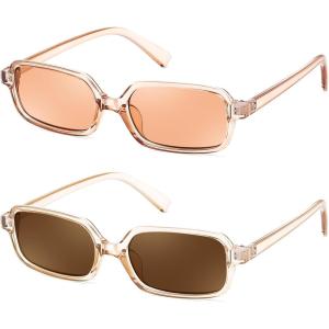 FEISEDY Rectangle Sunglasses for Women Men, Women’s 90s Sunglasses Small Narrow Frame Trendy Vintage Style Shades B9167(2pack=champagne/Champagne+champagne/Brown)