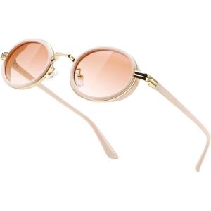 FEISEDY Retro 90s Small Oval Punk Sunglasses Gothic Steampunk Round Hippie Shade Men Women B0193(04 Off White & Gradual Tea)