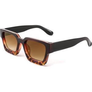FEISEDY Retro 90s Square Sunglasses for Women Men Trendy Chunky Rectangle Sunglasses UV400 Protection B2385(005 Black & Leopard | Gradient Tea Lens)