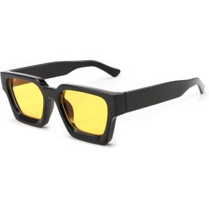 FEISEDY Retro 90s Square Sunglasses for Women Men Trendy Chunky Rectangle Sunglasses UV400 Protection B2385(014 Black | Bright Yellow Lens)