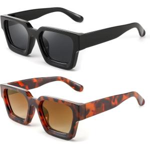 FEISEDY Retro 90s Square Sunglasses for Women Men Trendy Chunky Rectangle Sunglasses UV400 Protection B2385(2pcs – Balck + Leopard / Gradient Tea)