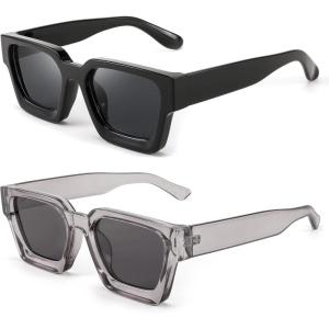 FEISEDY Retro 90s Square Sunglasses for Women Men Trendy Chunky Rectangle Sunglasses UV400 Protection B2385(2pcs – Balck + Transparent Grey / Grey)