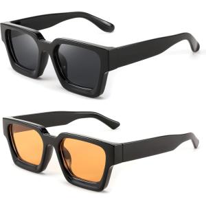 FEISEDY Retro 90s Square Sunglasses for Women Men Trendy Chunky Rectangle Sunglasses UV400 Protection B2385(2pcs – Balck + Yellow)