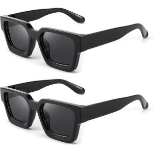 FEISEDY Retro 90s Square Sunglasses for Women Men Trendy Chunky Rectangle Sunglasses UV400 Protection B2385(2pcs – Black + Black)