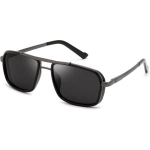 FEISEDY Retro Aviator Sunglasses For Women Men 70s Trendy Rectangle Polarized Sunglasses Steampunk B0292(Black/Grey)
