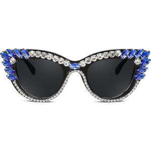 FEISEDY Retro Cat Eye Women Sunglasses Crystal Rhinestone Sparkling Bejewelled Vintage Sunnies B4075(Blue)