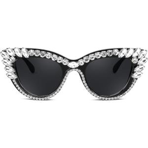 FEISEDY Retro Cat Eye Women Sunglasses Crystal Rhinestone Sparkling Bejewelled Vintage Sunnies B4075(Clear White)