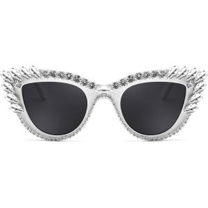 FEISEDY Retro Cat Eye Women Sunglasses Crystal Rhinestone Sparkling Bejewelled Vintage Sunnies B4075(White)