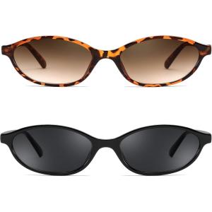 FEISEDY Retro Oval Cat Eye Sunglasses for Women 90s Narrow Lightweight Shades Y2k Trendy Sunnies B0257(2 Pack Black+tortoise)