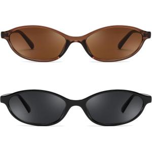FEISEDY Retro Oval Cat Eye Sunglasses for Women 90s Narrow Lightweight Shades Y2k Trendy Sunnies B0257(2 Pack Brown+black)