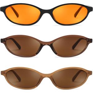 FEISEDY Retro Oval Cat Eye Sunglasses for Women 90s Narrow Lightweight Shades Y2k Trendy Sunnies B0257(3 Pack Orange+brown+tea)