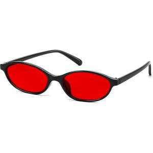 FEISEDY Retro Oval Cat Eye Sunglasses for Women 90s Narrow Lightweight Shades Y2k Trendy Sunnies B0257(Black/Red)