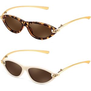 FEISEDY Retro Oval Cat Eye Sunglasses for Women Y2k Small Cateye Sun Glasses Womens Mens Trendy 90s Shades B4186((2 Pack) Tortoise & Beige/Tea)