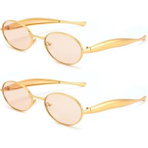 FEISEDY Retro Oval Sunglasses Women Men – Gold Metal Chunky Frame, UV400 for Driving & Daily Wear B0312(2pack(gold/Champagne+gold/Champagne)