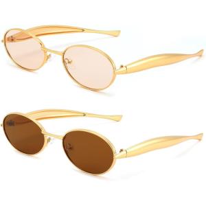 FEISEDY Retro Oval Sunglasses Women Men – Gold Metal Chunky Frame, UV400 for Driving & Daily Wear B0312(2pack(gold/Champagne+gold/Tea))