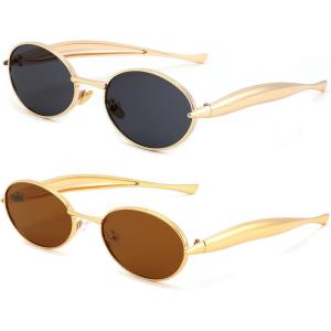 FEISEDY Retro Oval Sunglasses Women Men – Gold Metal Chunky Frame, UV400 for Driving & Daily Wear B0312(2pack(gold/Grey+gold/Tea))
