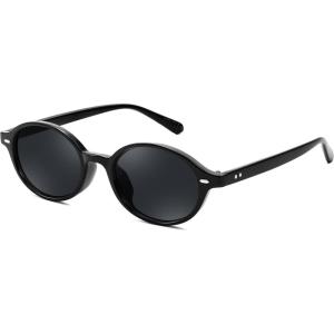 FEISEDY Retro Oval Sunglasses for Women 90s Narrow Round Lightweight Shades Y2k Trendy Sunnies B1171(001 Black Frame & Grey)