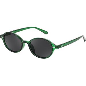 FEISEDY Retro Oval Sunglasses for Women 90s Narrow Round Lightweight Shades Y2k Trendy Sunnies B1171(006 Transparent Green Frame & Grey)