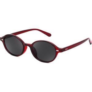 FEISEDY Retro Oval Sunglasses for Women 90s Narrow Round Lightweight Shades Y2k Trendy Sunnies B1171(007 Transparent Red Frame & Grey)