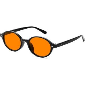 FEISEDY Retro Oval Sunglasses for Women 90s Narrow Round Lightweight Shades Y2k Trendy Sunnies B1171(009 Black Frame & Orange)