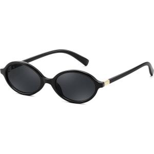 FEISEDY Retro Oval Sunglasses for Women 90s Narrow Round Lightweight Shades Y2k Trendy Sunnies B1171(101 Black Frame & Grey)