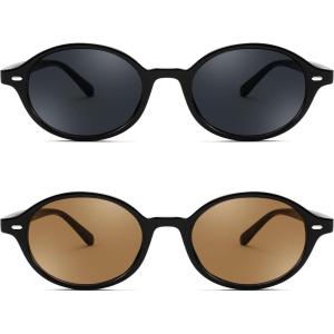 FEISEDY Retro Oval Sunglasses for Women 90s Narrow Round Lightweight Shades Y2k Trendy Sunnies B1171(2pack (001 Black Frame & Grey+002 Black Frame & Tea))