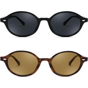 FEISEDY Retro Oval Sunglasses for Women 90s Narrow Round Lightweight Shades Y2k Trendy Sunnies B1171(2pack (001 Black Frame & Grey+004 Leopard Frame & Tea))