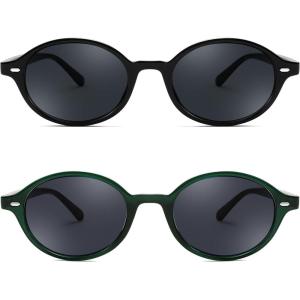 FEISEDY Retro Oval Sunglasses for Women 90s Narrow Round Lightweight Shades Y2k Trendy Sunnies B1171(2pack (001 Black Frame & Grey+005 Green Frame & Grey))