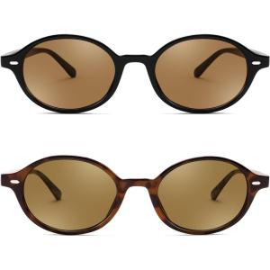 FEISEDY Retro Oval Sunglasses for Women 90s Narrow Round Lightweight Shades Y2k Trendy Sunnies B1171(2pack (002 Black Frame & Tea+004 Leopard Frame & Tea))