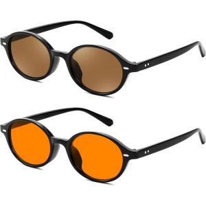 FEISEDY Retro Oval Sunglasses for Women 90s Narrow Round Lightweight Shades Y2k Trendy Sunnies B1171(2pack(002 Black Frame & Tea & Grey+009 Black Frame & Orange))