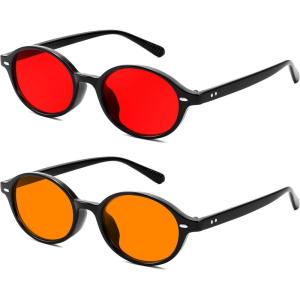 FEISEDY Retro Oval Sunglasses for Women 90s Narrow Round Lightweight Shades Y2k Trendy Sunnies B1171(2pack(008 Black Frame & Red+009 Black Frame & Orange))