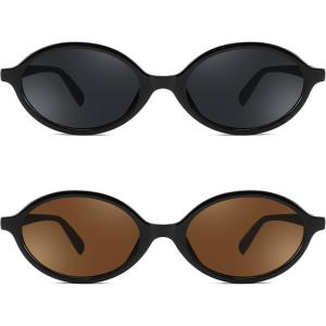 FEISEDY Retro Oval Sunglasses for Women 90s Narrow Round Lightweight Shades Y2k Trendy Sunnies B1171(2pack(101 Black Frame & Grey+108 Black Frame & Tea))