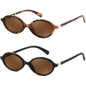 FEISEDY Retro Oval Sunglasses for Women 90s Narrow Round Lightweight Shades Y2k Trendy Sunnies B1171(2pack(107 Leopard Frame & Tea+108 Black Frame & Tea))