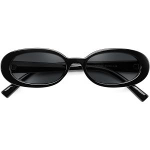 FEISEDY Retro Oval Sunglasses for Women 90s Narrow Round Lightweight Shades Y2k Trendy Sunnies B1171(302 Black Frame & Grey Lens)