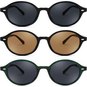 FEISEDY Retro Oval Sunglasses for Women 90s Narrow Round Lightweight Shades Y2k Trendy Sunnies B1171(3pack (001 Black Frame & Grey+002 Black Frame & Tea+005 Green Frame & Grey))