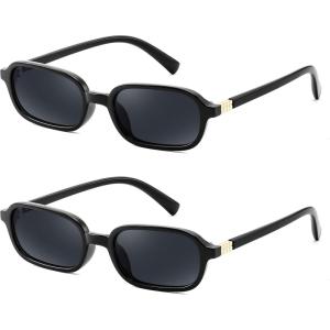 FEISEDY Retro Rectangular Sunglasses for Women Men 90s Small Vintage Fashion Square Sunnies B0282(2 Pack Black+black)