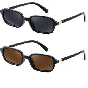 FEISEDY Retro Rectangular Sunglasses for Women Men 90s Small Vintage Fashion Square Sunnies B0282(2 Pack Black+brown)