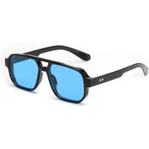 FEISEDY Retro Square Aviator Sunglasses Women Men, 70s Small Vintage Rectangle UV400 Sun Glasses B9120(Black Frame/Blue Lens)