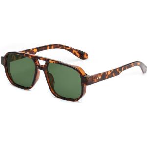 FEISEDY Retro Square Aviator Sunglasses Women Men, 70s Small Vintage Rectangle UV400 Sun Glasses B9120(Leopard Temple/Green Lens)