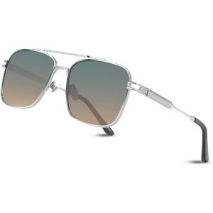 FEISEDY Retro Square Aviator Sunglasses for Men Women Vintage 70s Pilot Shades Classic Metal Frame B2845(Blue Yellow Lens Silver Metal Frame)