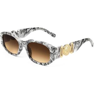 FEISEDY Retro Trendy Rectangle Sunglasses Women Men Vintage 90s Small Narrow Square Sunglasses B2322(002 Black Pattern Frame/Gradient Tea Lens)