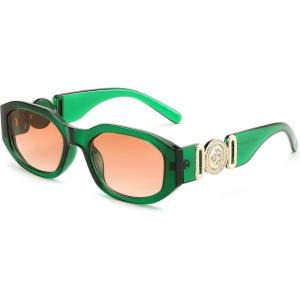 FEISEDY Retro Trendy Rectangle Sunglasses Women Men Vintage 90s Small Narrow Square Sunglasses B2322(011green Frame/Reddish Brown Gradient Lens)